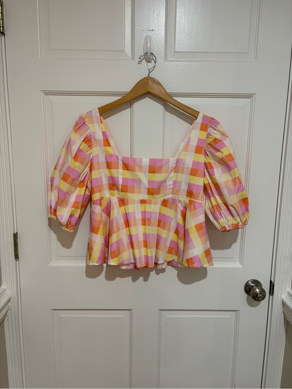 Buddy Love Pink and Yellow Gingham Peplum Puff-Sleeve Top